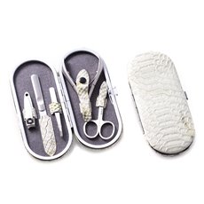 5 Piece Manicure Set with Small Clipper, File, Tweezers, Nipper and Scissors in White Snake Pattern Leather Case