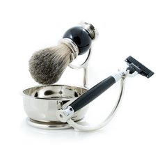 Mach 3 Razor with Badger Brush and Soap Dish on Chrome Stand and Black Enamel Finish