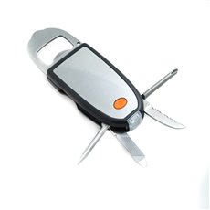 Stainless Steel Bottle Opener with LED Torchlight , File, Knife, 2 Screwdrivers and Ring Pull Opener in Black ABS Case