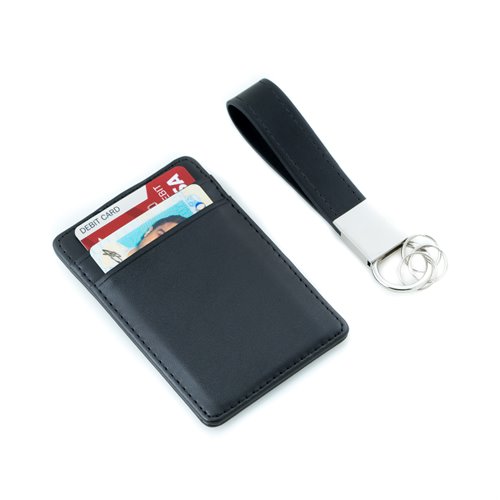 Black Leather Travel Wallet with Money Clip and Leather Strap Valet Key Ring Gift set