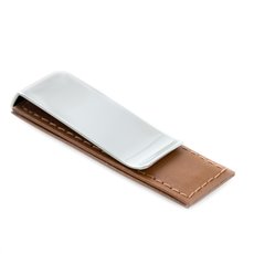 Chrome Plated Money Clip with Brown Leather Accent