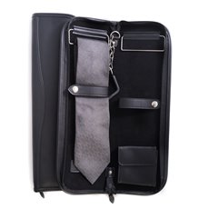 Travel Tie Case with Accessory Pocket and Hanging Hook in Zippered Black Leather
