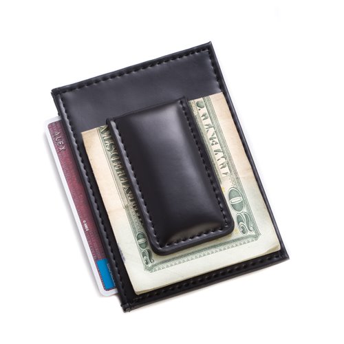 Black Leather Magnetic Money Clip and Wallet with ID Window
