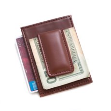 Brown Leather Magnetic Money Clip and Wallet with ID Window