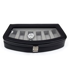 Black Leather 6 Watch Case with Glass Top and Locking Clasp Pigskin Leather Lined