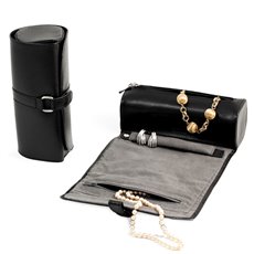 Black Leather Jewelry Roll with Compartments for Watches or Bracelets, Straps for Hanging Necklaces, Rings or Earrings Strap with Magnetic Clasp