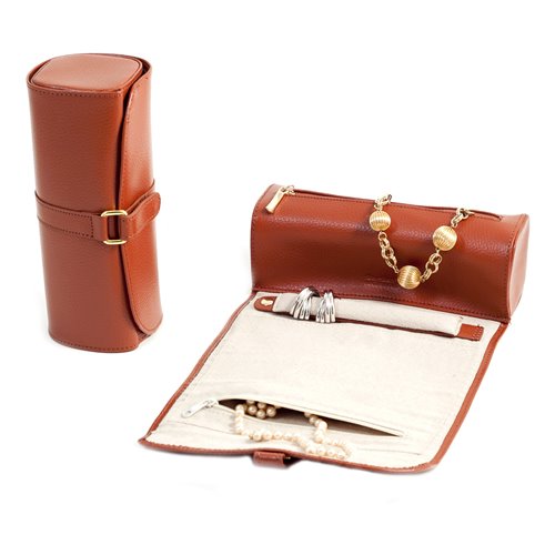 Tan Leather Jewelry Roll with Compartments for Watches or Bracelets, Straps for Hanging Necklaces, Rings or Earrings Strap with Magnetic Clasp