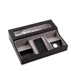 Black Leather with Pig Skin Valet Box for 3 Watches and Slots for Cufflink Under See-thru Glass Top with Multi Compartments for Accessories
