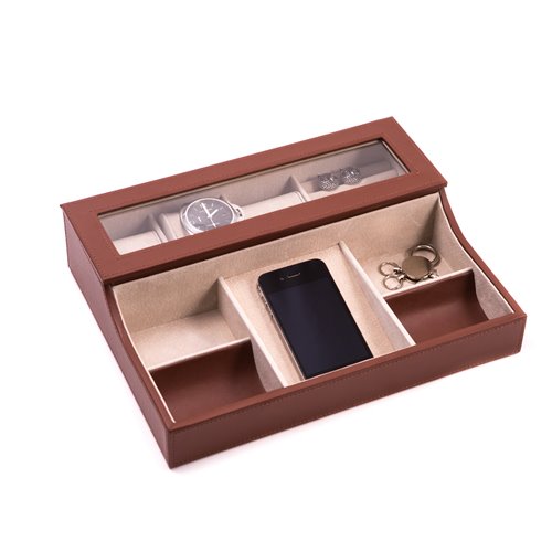 Brown Leather with Pig Skin Valet Box for 3 Watches and Slots for Cufflink Under Glass See-thru Top with Multi Compartments for Accessories