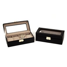 Black Leather Four Watch Case with Glass Top and Locking Clasp