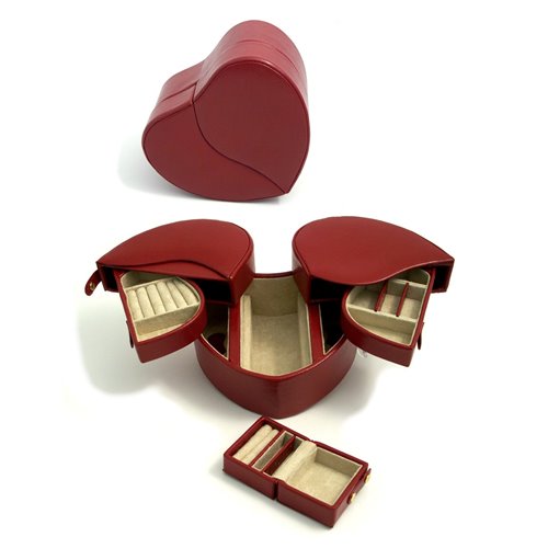 Red Lizard Leather Heart Shaped Jewelry Box with Removable Travel and Multiple Compartments