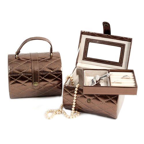 Bronze Leatherette Sweet 16 Jewelry Box with Removable Tray, Mirror and Snap Closure
