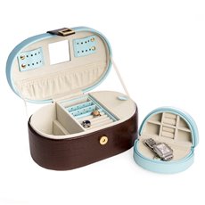 Blue and Brown Croco Leather Jewelry Box with Removable Travel Tray, Multi Compartments, Mirror and Magnetic Closure
