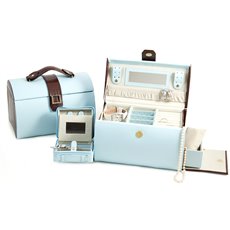 Blue and Brown Croco Leather Jewelry Box with Removable Travel Tray, Side Compartments, Mirror and Magnetic Clasp