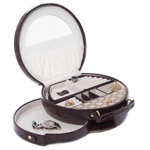 Two-Tone Brown Leather and Cloth Material Round Jewelry Box with Removable Travel Tray, Swinging Drawer, Mirror and Magnetic Clasp