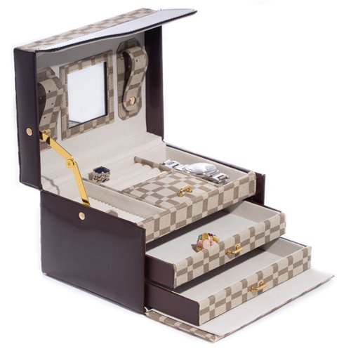 Two-Tone Brown Leather and Cloth Material 3 Level Jewelry Case with Two Drawers, Mirror and Magnetic Clasp