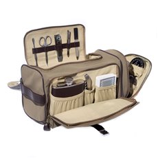 Ultra Suede and Brown Leather Tote Bag with 5 oz Flask, Bar tool, Deck of Playing Cards, 5 Piece Shoe Shine Set and 5 Piece Manicure Set which