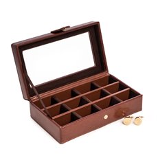 Brown Leather 12 Cufflink Box with Glass Top, Snap Closure and Velour Lined