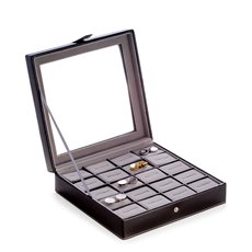 Black Leather 20 Cufflink Box with Glass Top and Snap Closure