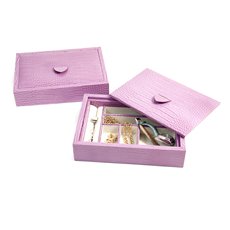 Pink Croco Leather Valet Tray with Multi Compartments and Lid