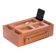 Tan Leather Open Face Valet Box with Drawer for 2 Pens and 2 Watches Pigskin Leather Lined