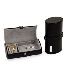 Black Leather Watch and Cufflink Travel Case with Snap Closure