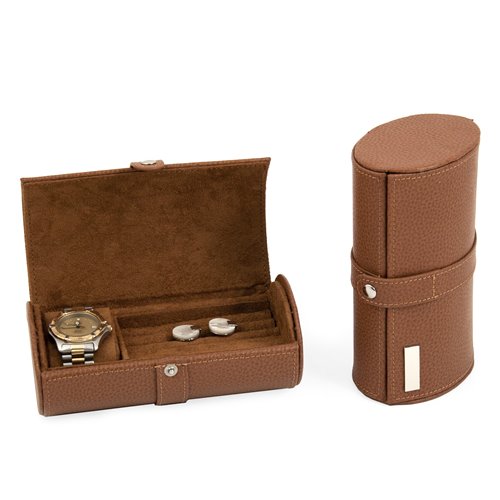 Tan Leather Watch and Cufflink Travel Case with Snap Closure