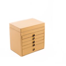 Tan Leather Jewelry Chest with Removable Travel Case, 5 Drawers and Top Tray with Mirror