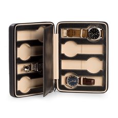 Black Leather 8 Watch Storage / Travel Case with Form Fit Compartments, Center Divider to Prevent Watches from Touching and Zipper Closure