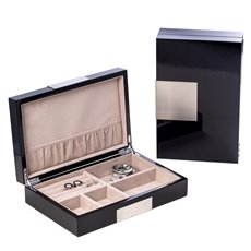 Lacquered Black Wood Valet Box with Stainless Steel Accents and Multi Compartments Storage