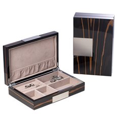 Lacquered African Ebony Burl Wood Valet Box with Stainless Steel Accents and Multi Compartments Storage