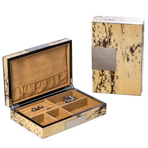 Lacquered Exotic Ice Burl Wood Valet Box with Stainless Steel Accents and Multi Compartments Storage