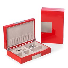 Lacquered Red Wood Valet Box with Stainless Steel Accents and Multi Compartments Storage