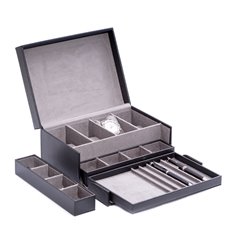 Black Leather Valet Box with Removable Tray for Pens and Accessories, 4 Watches, 8 Slots for Cufflinks