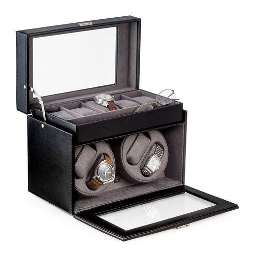 Black Leather Four Watch Winder and 5 Watch Storage Case with Locking Clasp