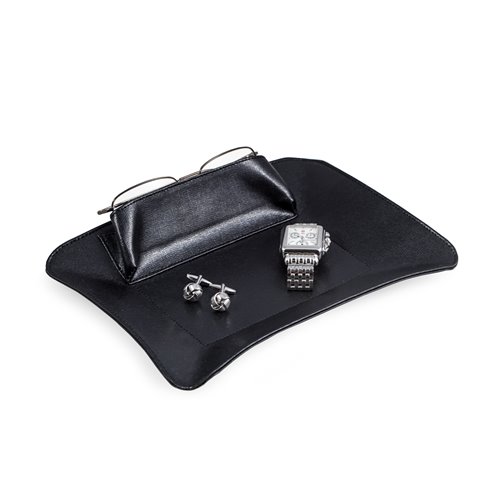Black Leather Valet with Side Compartment for Phone or Glasses