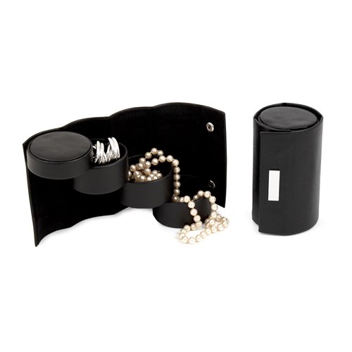 Black Leatherette 3 Level Jewelry Roll with Snap Closure