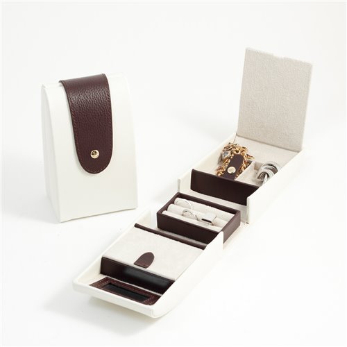 Ivory and Brown Leather 2 Compartment Jewelry Case with Snap Closure