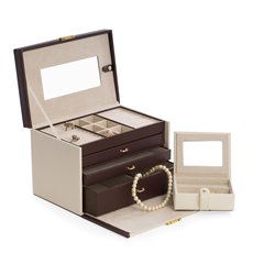 Ivory and Brown Leather 4 Level Jewelry Box with 3 Drawers, Mirror, Secret Compartment Behind Mirror, Removable Travel Case and Locking Clasp