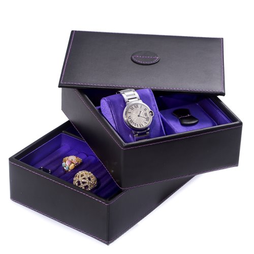 Black Leather Stacked Jewelry Box with 2 Watch Pillows, Slots for Rings, Earnings and Mirror