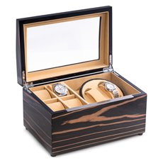 Lacquered Ebony Burl Wood 2 Watch Winder with Storage for 4 Watches, Glass Top, Velour Lined