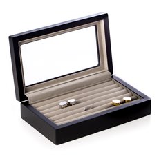 Matte Black Wood Cufflink Box with Glass Top and Velour Lining