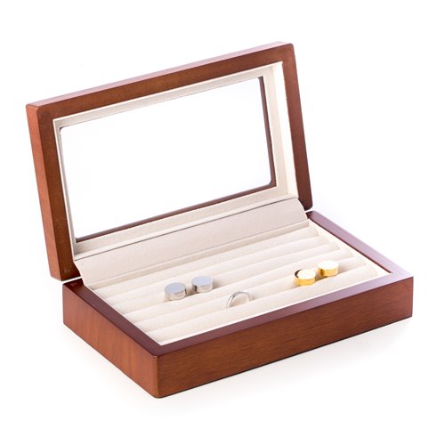 Cherry Black Wood Cufflink Box with Glass Top and Velour Lining