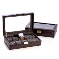 Brown Leather 10 Watch Case with Glass Top and Locking Clasp