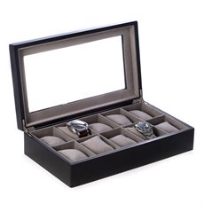 Matte Black Wood 10 Watch Box with Glass Top and Velour Lining and Pillows