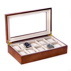 Cherry Wood 10 Watch Box with Glass Top and Velour Lining and Pillows
