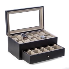 Matte Black Wood 20 Watch Box with Glass Top and Drawer, Velour Lining and Pillows
