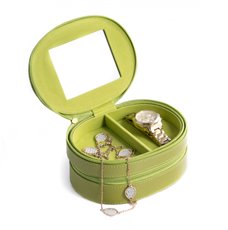 Lime Lizard Leather Two Level Jewelry Case with Mirror, Zipper Closures and Soft Velour lined