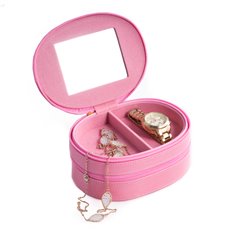 Pink Lizard Leather Two Level Jewelry Case with Mirror, Zipper Closures and Soft Velour lined