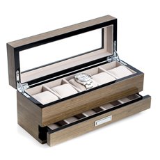 Lacquered Silver Walnut Wood 5 Watch Box with Glass Top and 5 Compartment Accessory Drawer and Chrome Accents